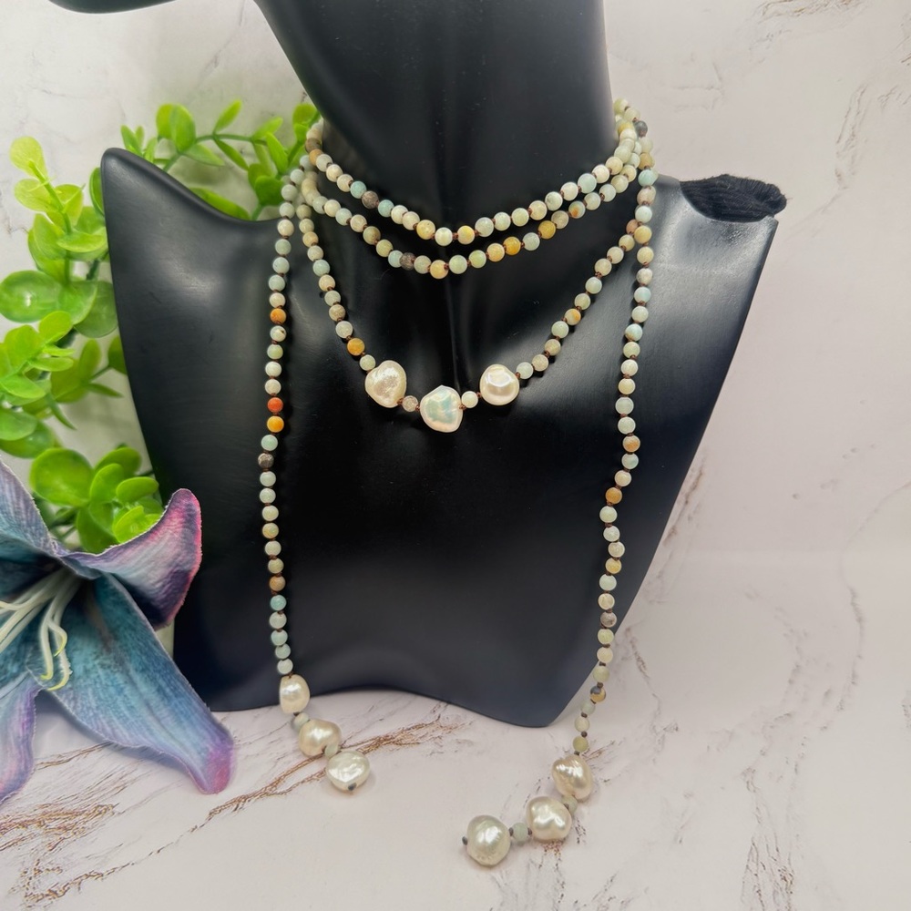 Amazonite Bead Natural Color Lariat Wrap Necklace Baroque Pearl Tassel Ends